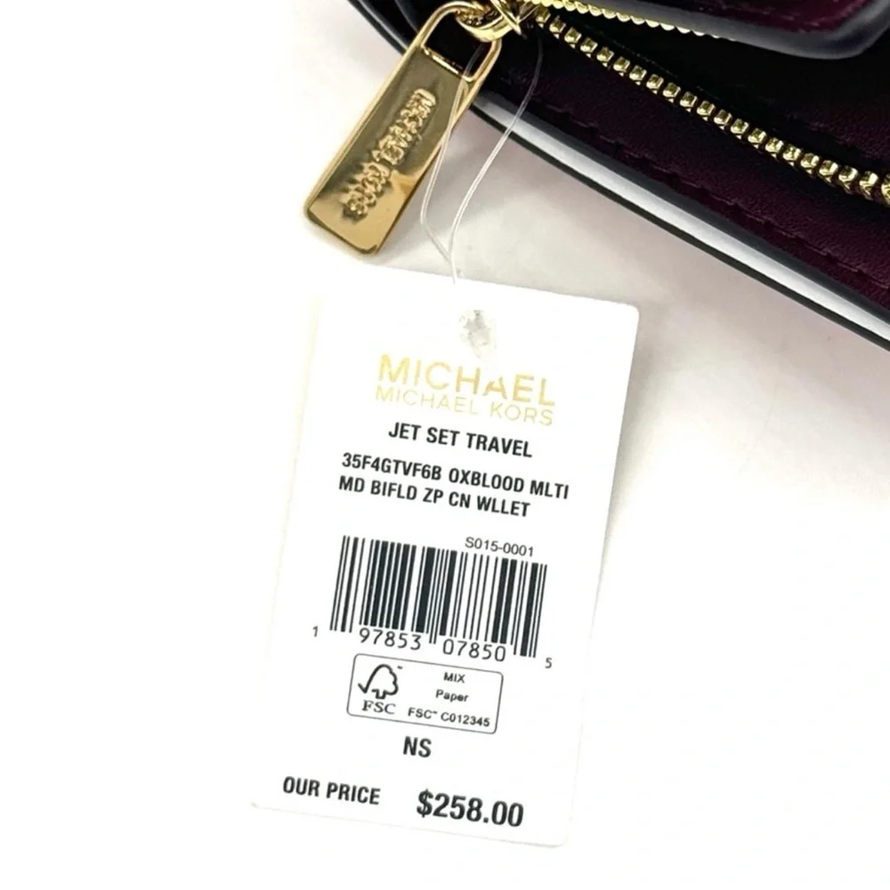 Michael Kors Medium Bifold Zip Chain Wallet Ox Blood Multi